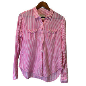 Abercrombie & Fitch Button Up Shirt Large Pink White Stripe 100% Cotton